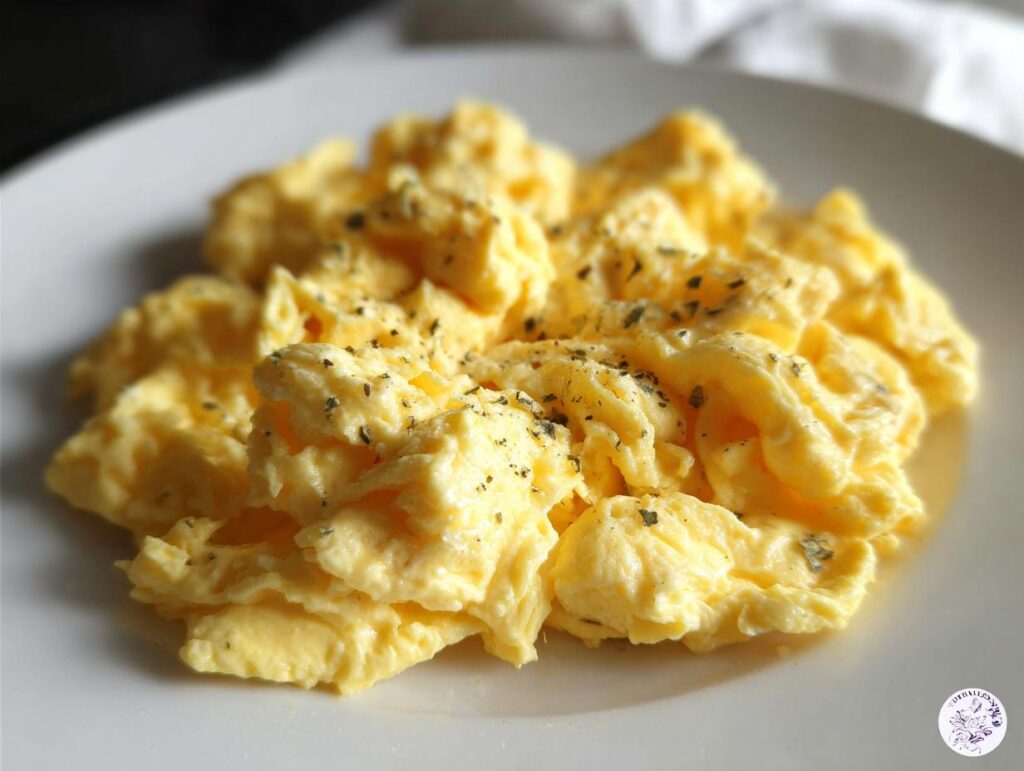 Close-up of perfectly fluffy scrambled eggs seasoned with herbs, a key element in learning how to make egg recipes.