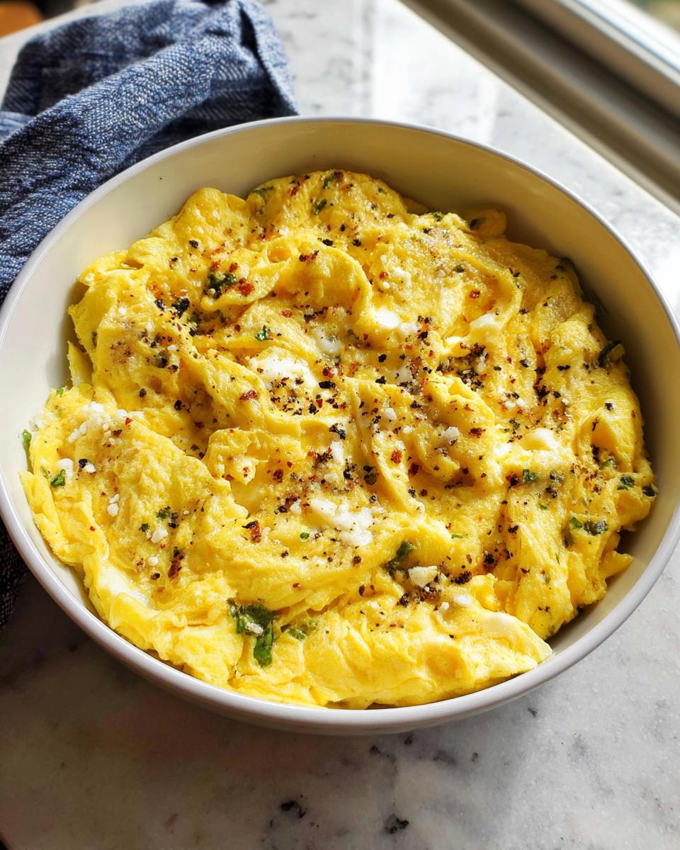Close-up of fluffy scrambled eggs in a bowl, seasoned with herbs, chili flakes, and cheese. The Only Egg Recipes Recipe.