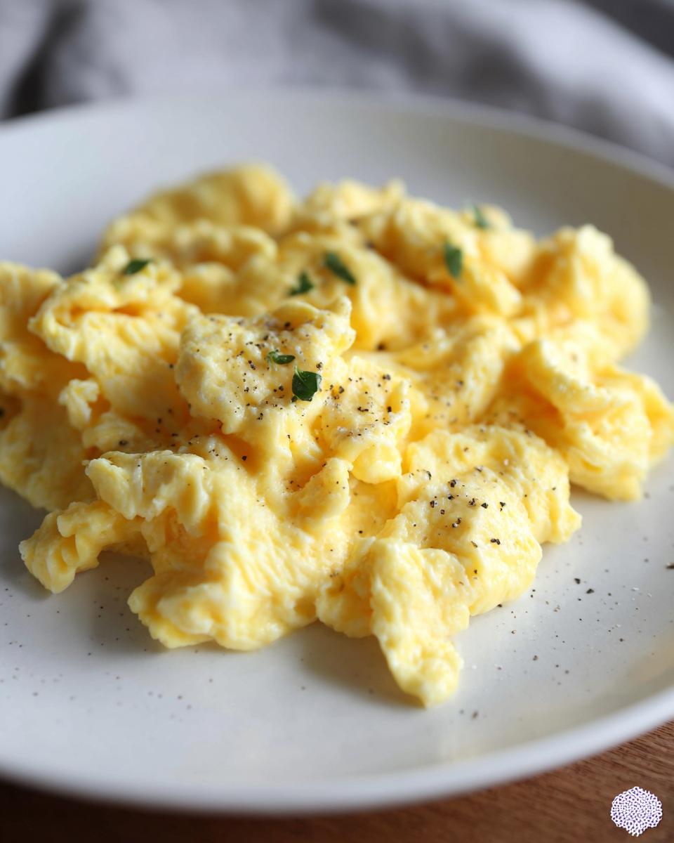 Close-up of fluffy scrambled eggs seasoned with black pepper and garnished with fresh herbs.