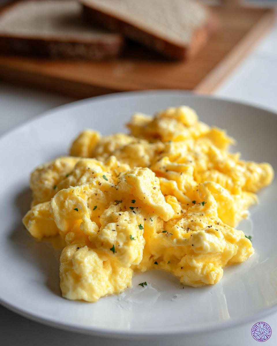 Close-up of perfectly fluffy scrambled eggs seasoned with pepper and parsley, a great egg recipe.