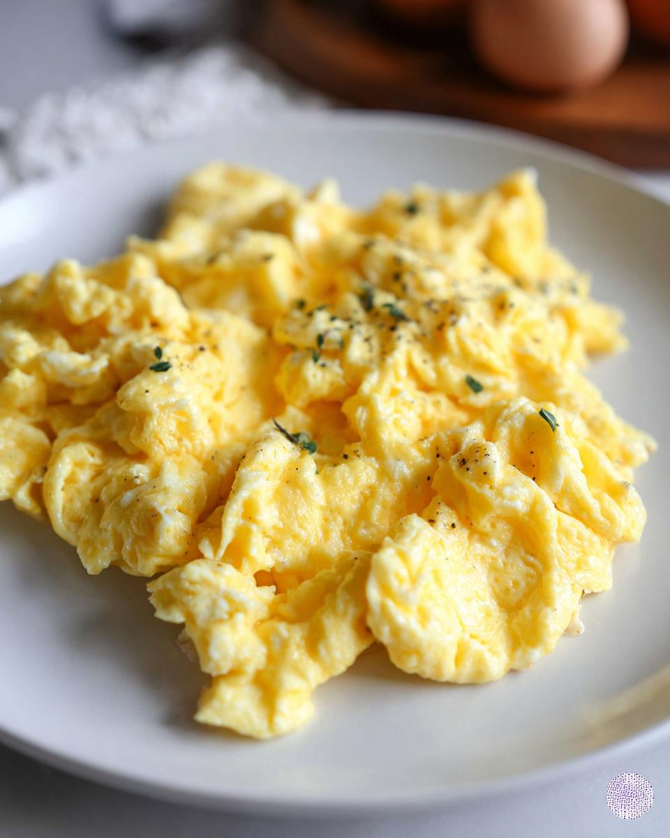 Perfectly fluffy scrambled eggs seasoned with pepper and herbs, a key part of learning how to make egg recipes like a pro.