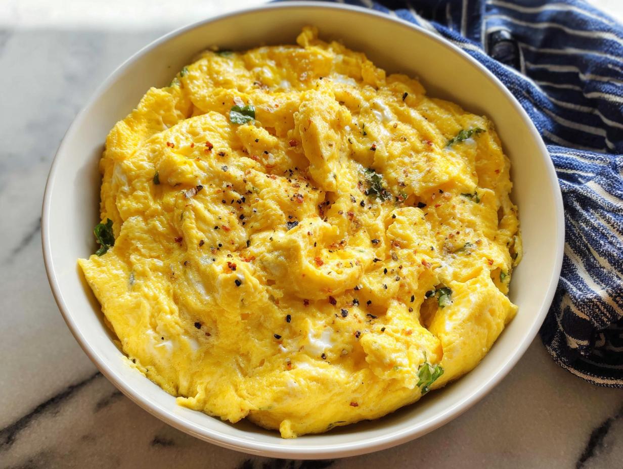 A bowl of fluffy scrambled eggs seasoned with pepper and herbs, part of The Only Egg Recipes Recipe You’ll Need (2025).