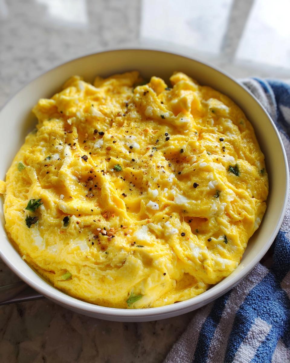 A close-up of fluffy, golden scrambled eggs seasoned with black pepper and herbs in a white bowl.