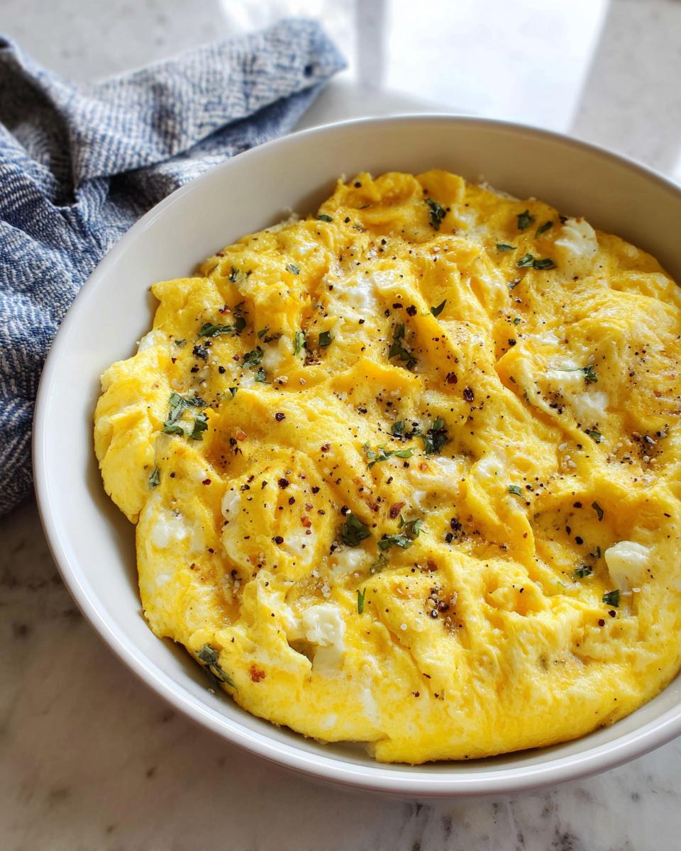 Close-up of fluffy scrambled eggs with herbs and cheese in a white bowl, part of The Only Egg Recipes Recipe You’ll Need (2025).