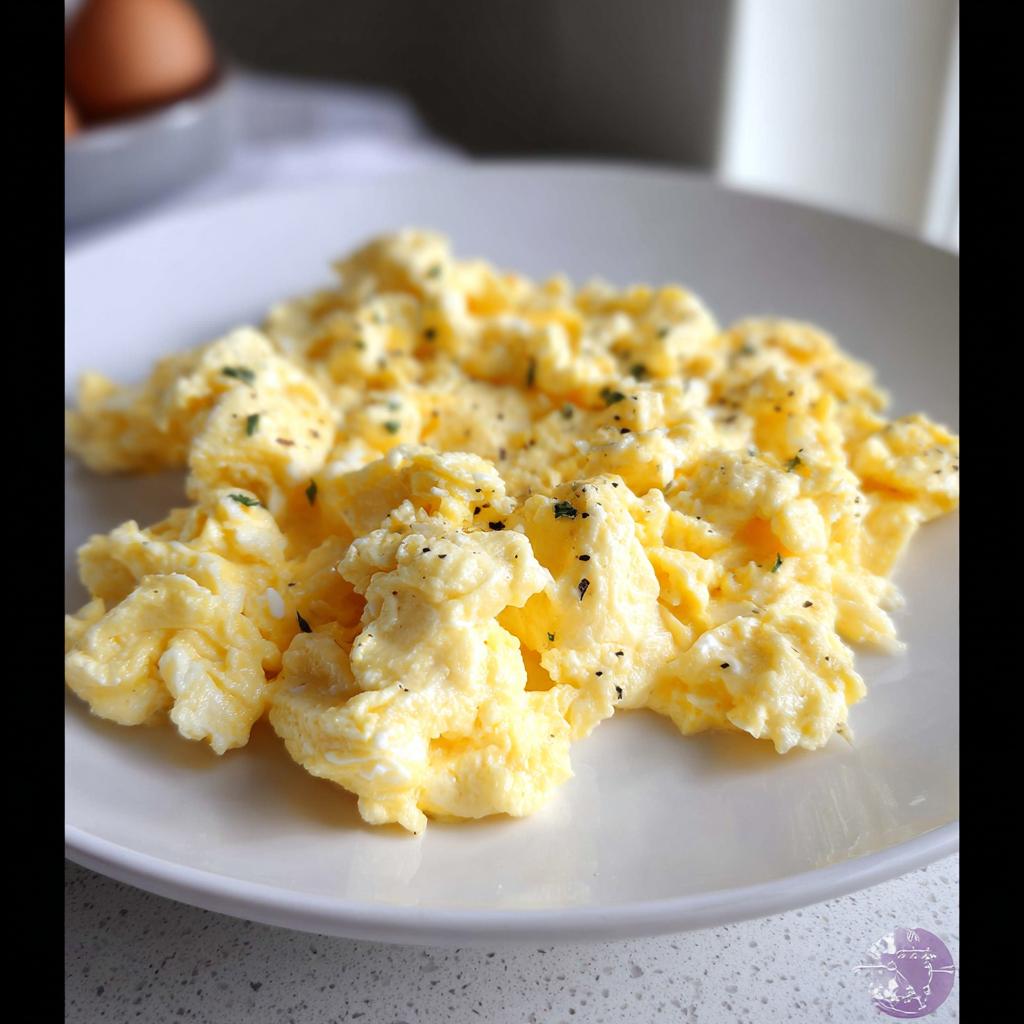 Close-up of fluffy scrambled eggs seasoned with pepper and herbs on a white plate.
