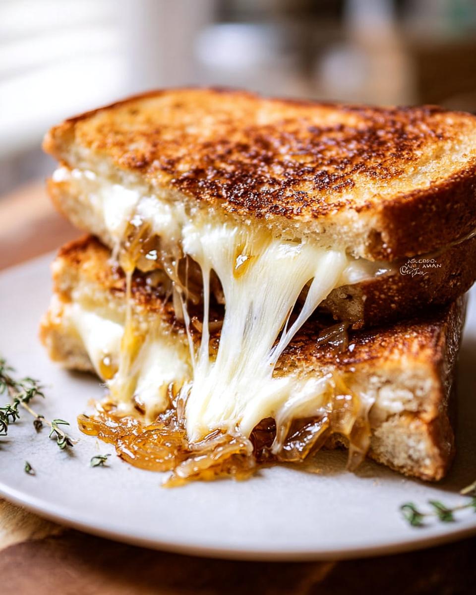 Close-up of a French onion grilled cheese sandwich with melted cheese oozing out, on a plate with thyme sprigs.