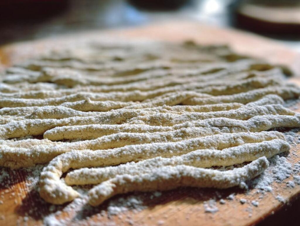 Close-up of freshly made pasta dough strands dusted with flour on a wooden board, ready for cooking.