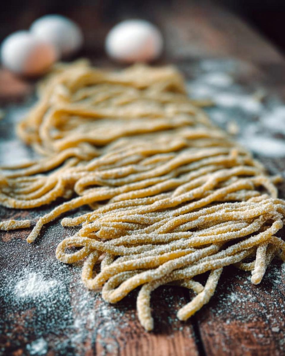 Close-up of freshly made pasta strands dusted with flour, with eggs in the background, ready for pasta recipes.