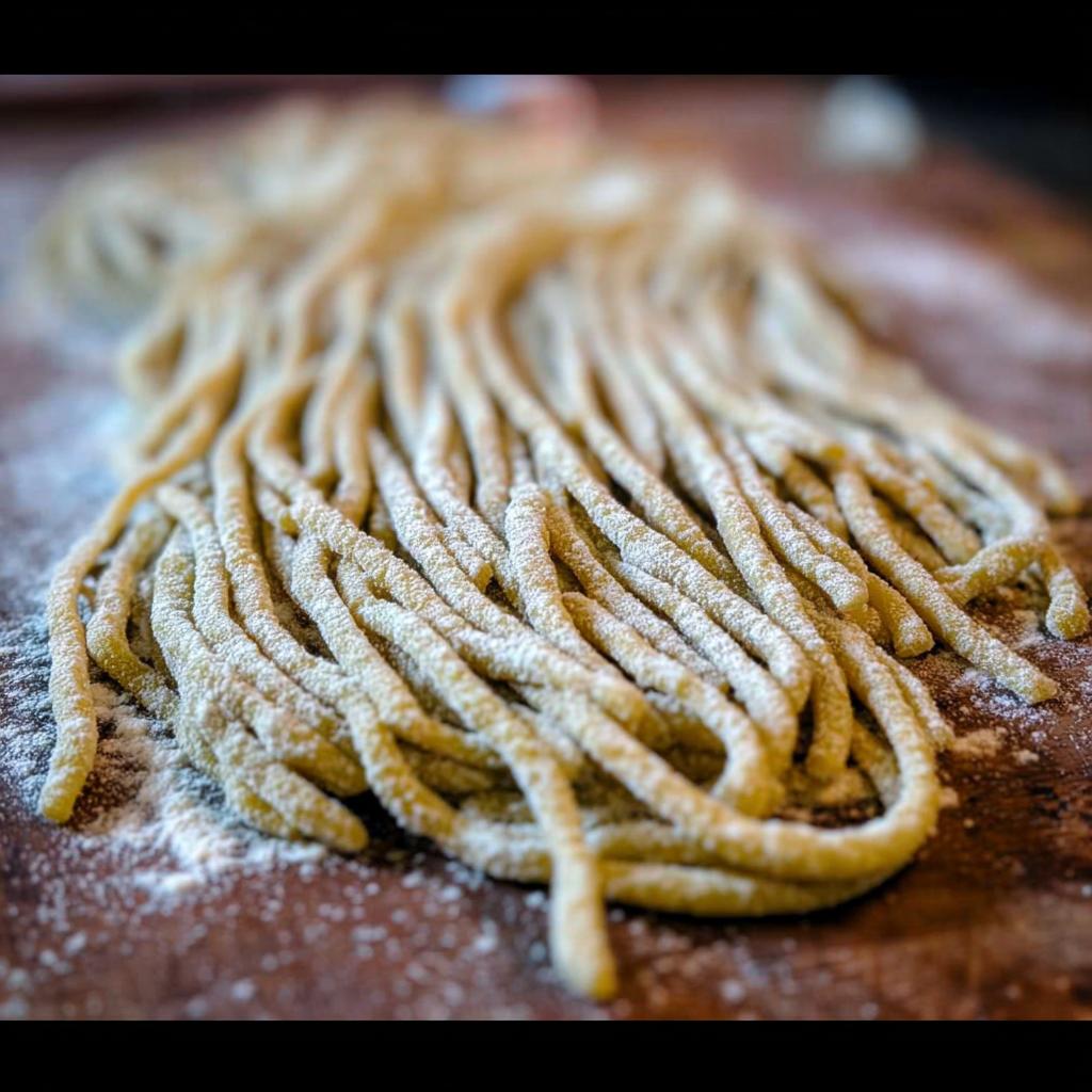 Close-up of freshly made pasta strands dusted with flour, ready for pasta recipes.