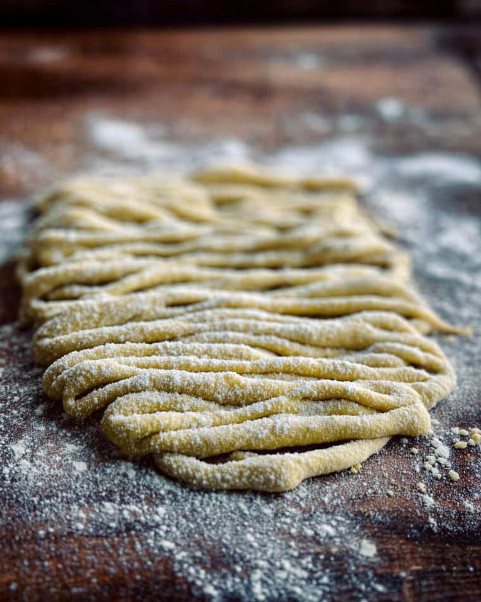 Close-up of fresh, homemade pasta strands dusted with flour on a wooden surface.