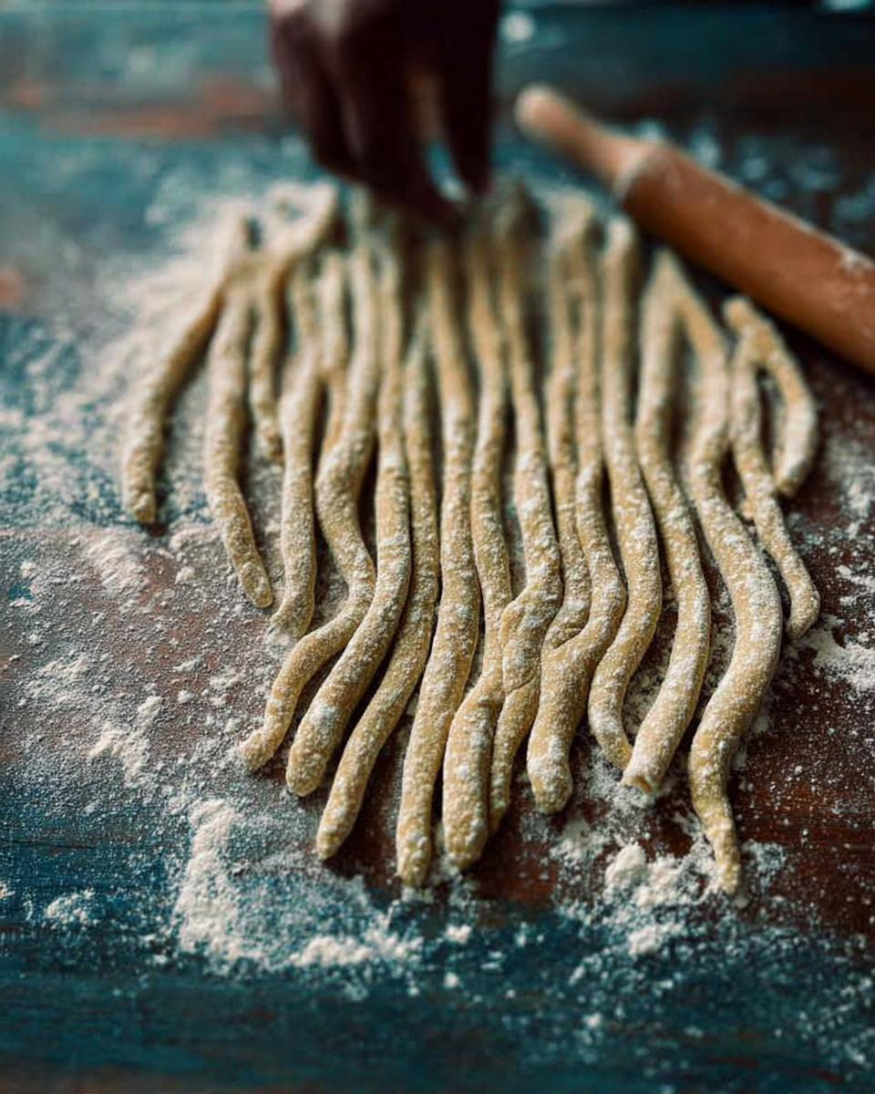 Close-up of freshly made pasta strands dusted with flour, ready for pasta recipes.