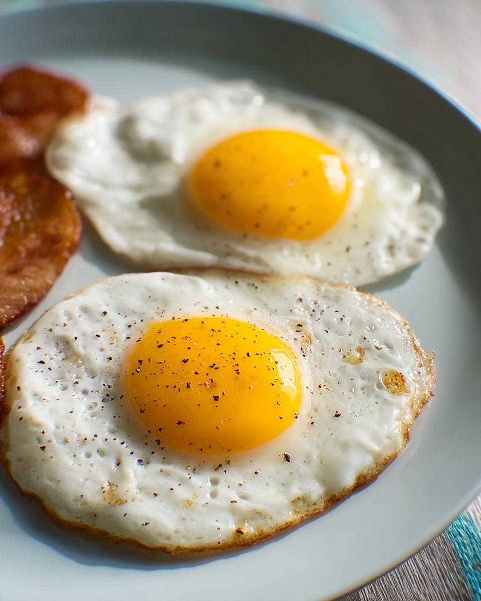 Close-up of two perfectly fried eggs with bright yellow yolks, seasoned with black pepper, as part of egg recipes.