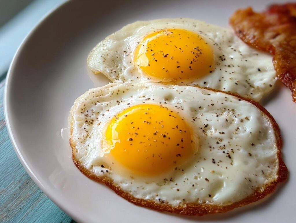 Two perfectly fried eggs with runny yolks, seasoned with black pepper, part of an egg recipe.
