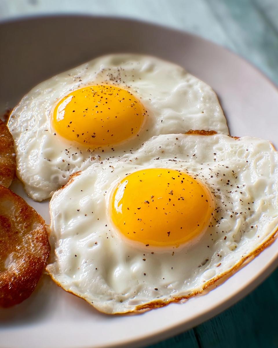 Two perfectly fried eggs with runny yolks, seasoned with black pepper, part of a delicious egg recipe.