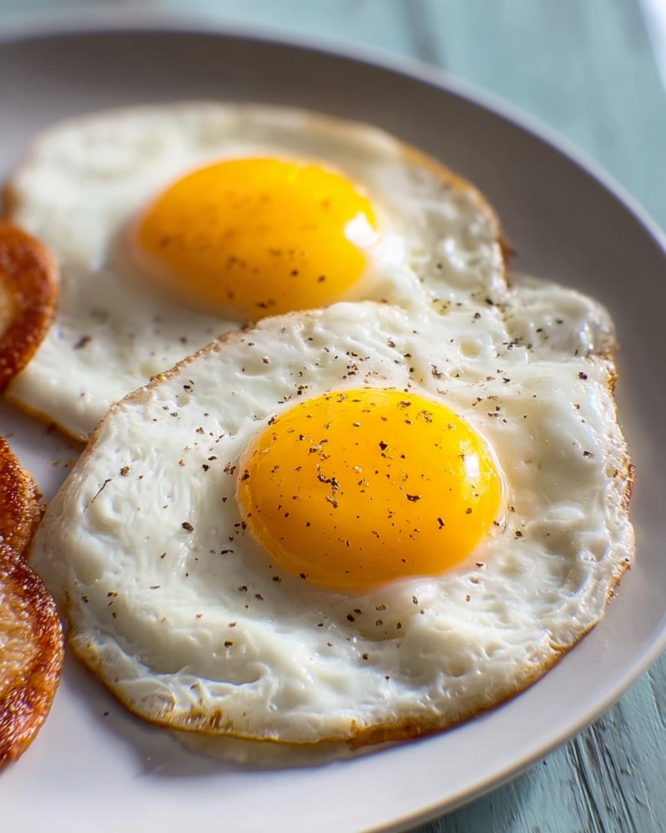 Close-up of two perfectly fried eggs with bright yellow yolks, seasoned with black pepper. A great egg recipe.