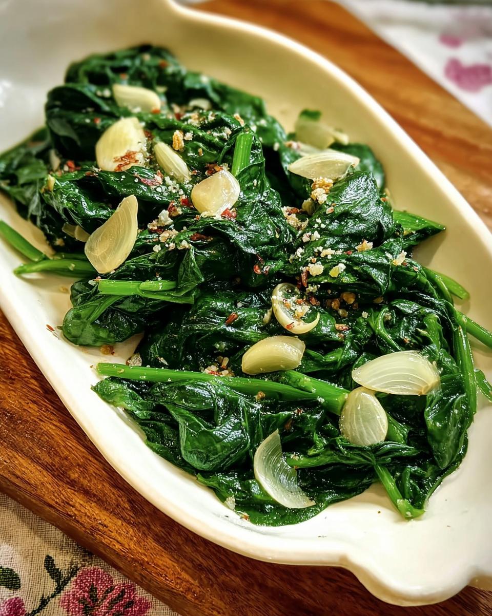 A close-up of sautéed spinach with garlic slices and red pepper flakes, part of the 20-Ingredient Veggie Sides Recipes.