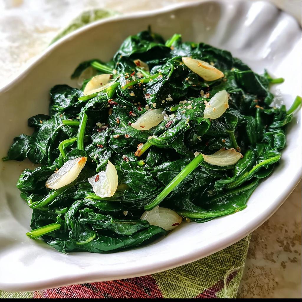 A close-up of a white bowl filled with wilted spinach, topped with sliced garlic and red pepper flakes. Part of 20-Ingredient Veggie Sides Recipes.