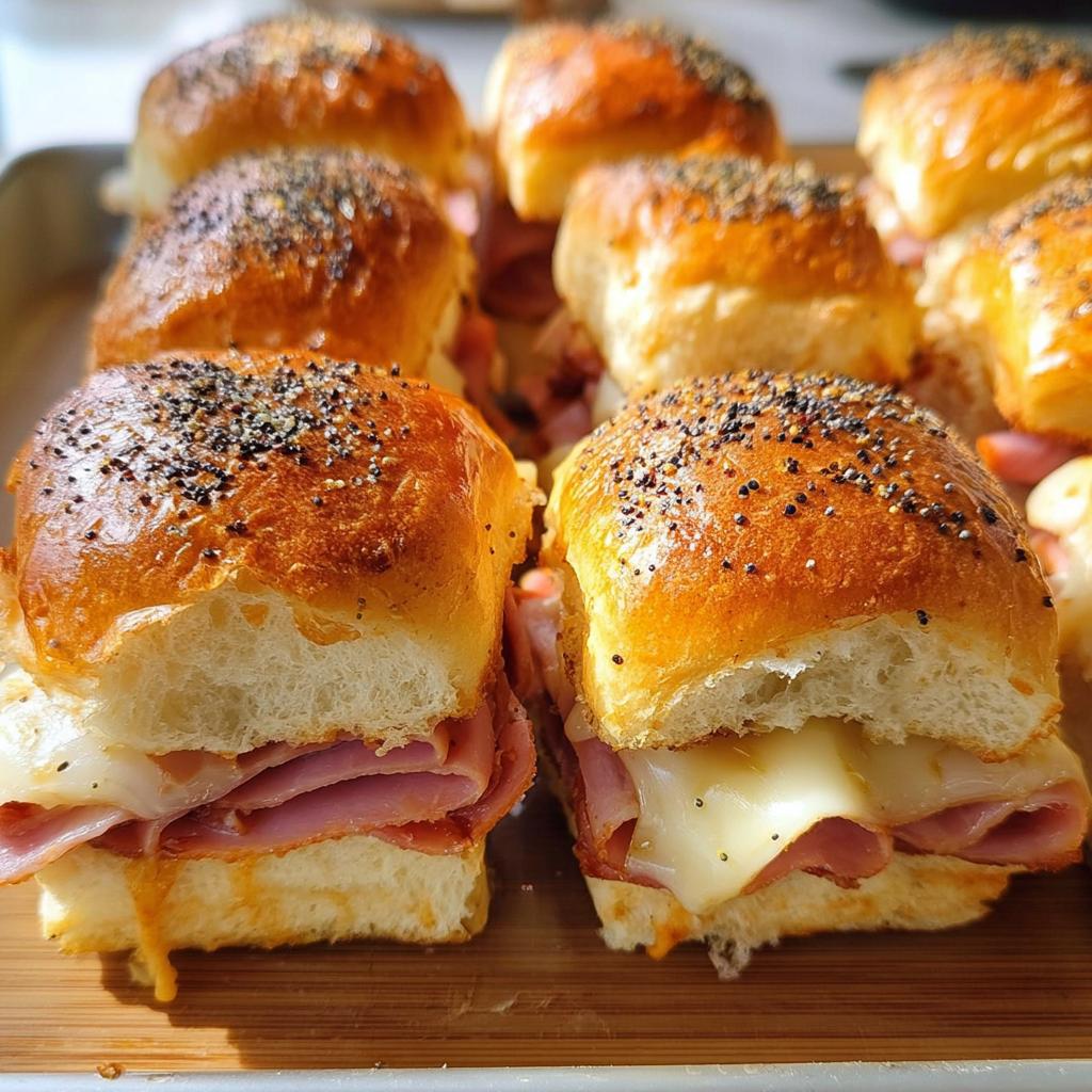 Close-up of ham and cheese sliders with poppy seed buns, part of 12 Genius Sandwich Ideas Recipes.