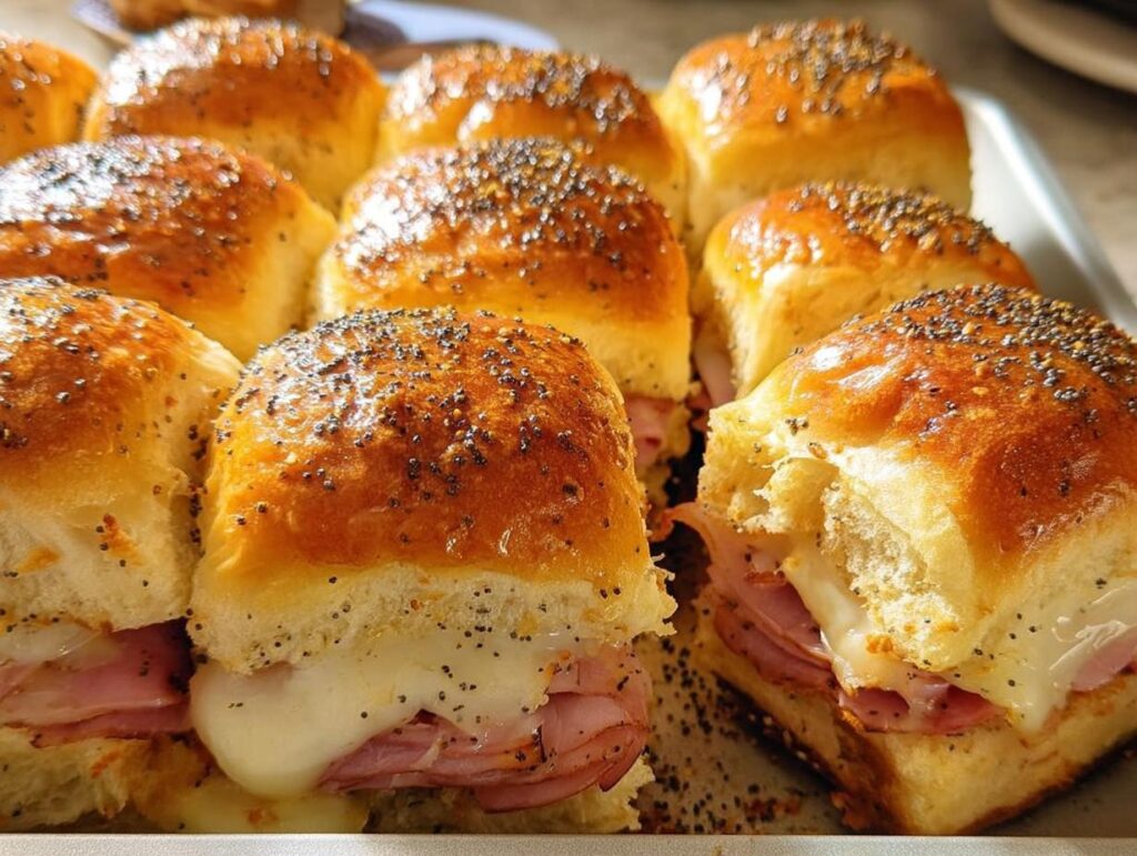 Close-up of delicious ham and cheese sliders, a perfect example of 12 genius sandwich ideas for busy weeknights.