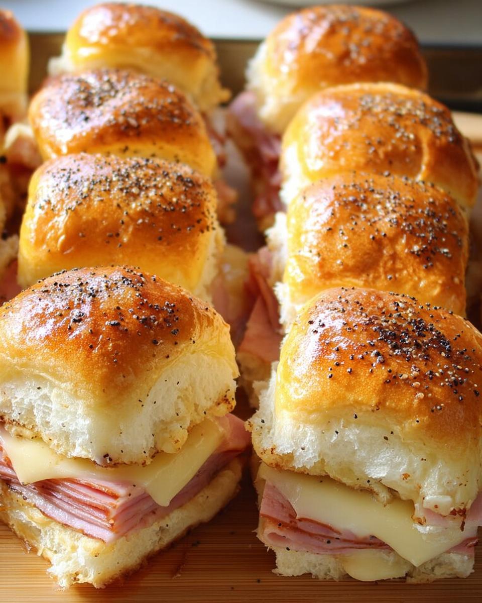 Close-up of ham and cheese sliders, featuring soft buns, sliced ham, and melted cheese, perfect for busy weeknights.