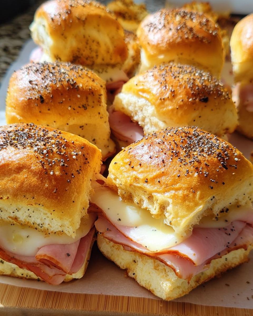 Close-up of ham and cheese sliders with poppy seed buns, part of 12 Genius Sandwich Ideas Recipes.