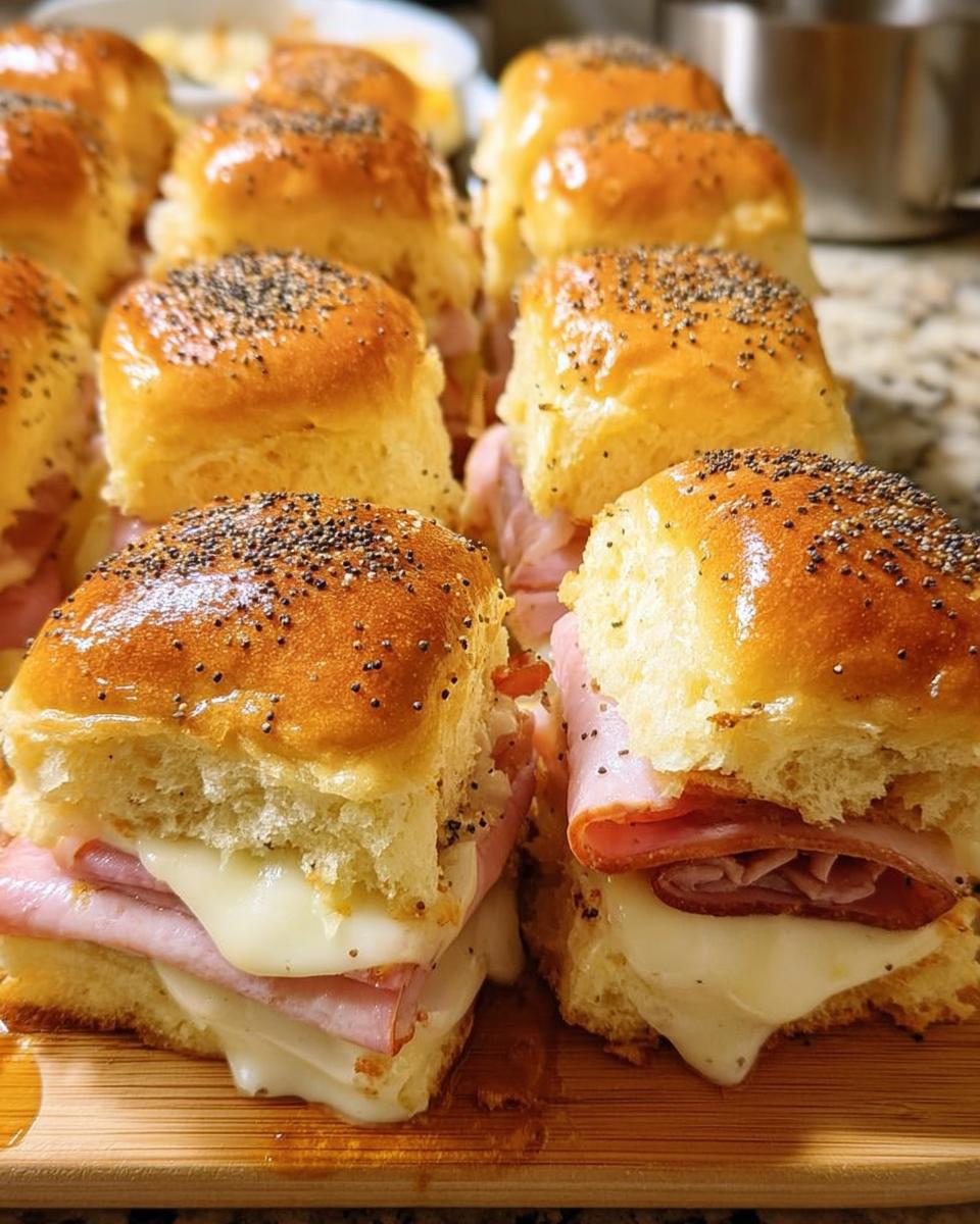 Close-up of delicious ham and cheese sliders with melted cheese and poppy seed buns, perfect for busy weeknights.