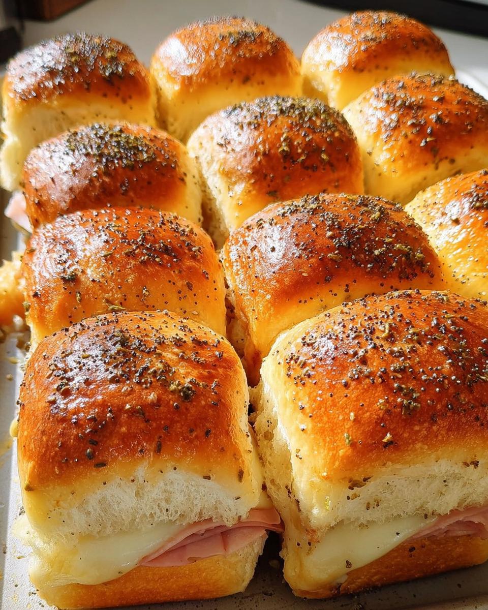 Close-up of golden-brown ham and cheese sliders topped with herbs and spices, perfect for busy weeknights.