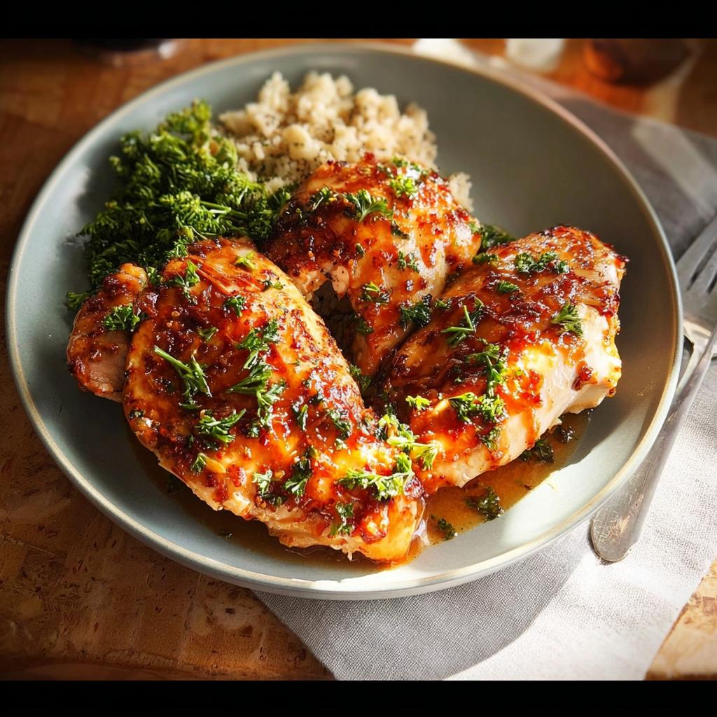 Three glazed chicken breasts served with couscous and green vegetables, a perfect example of easy dinner recipes.