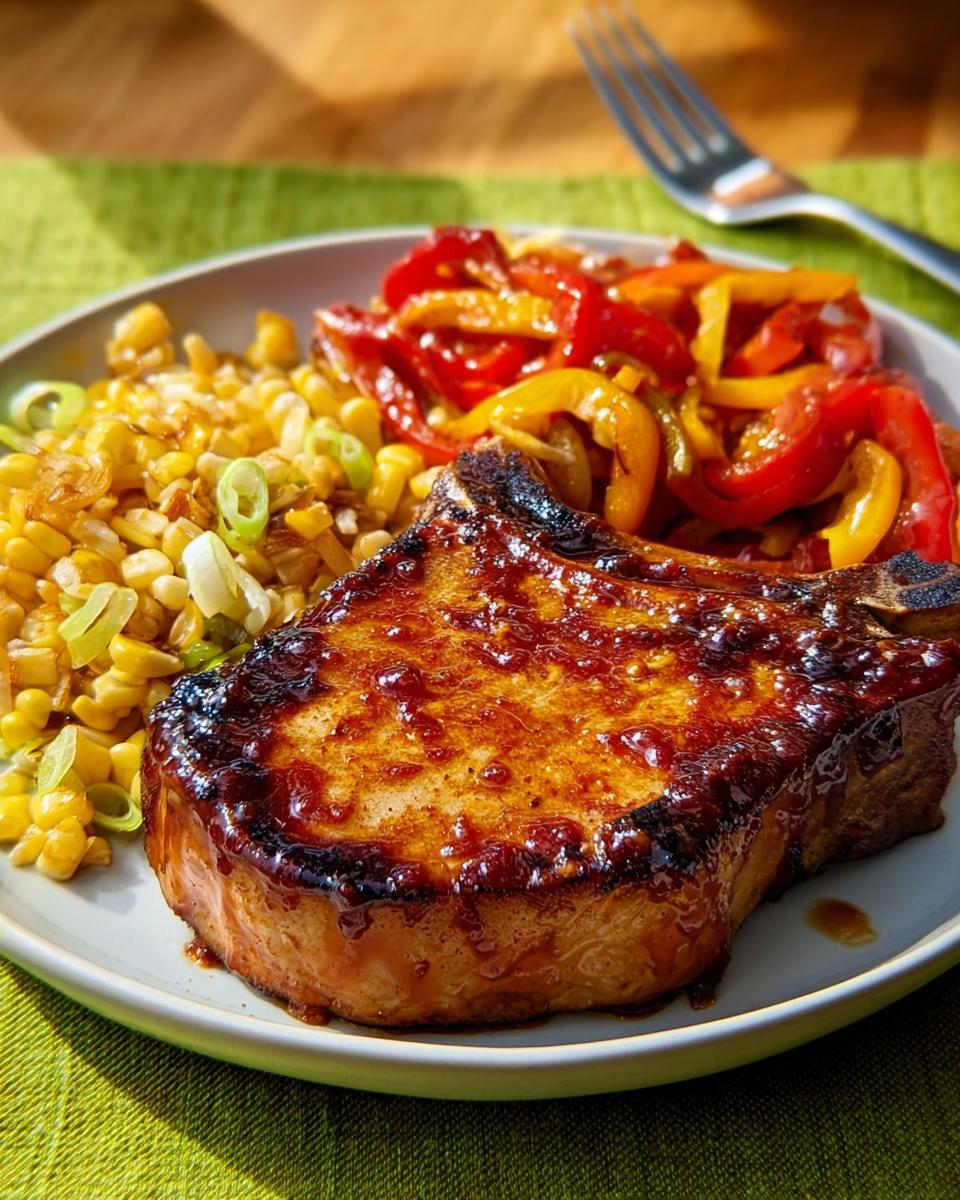 A perfectly glazed pork chop served with corn and sautéed bell peppers, a delicious pork chops recipe.