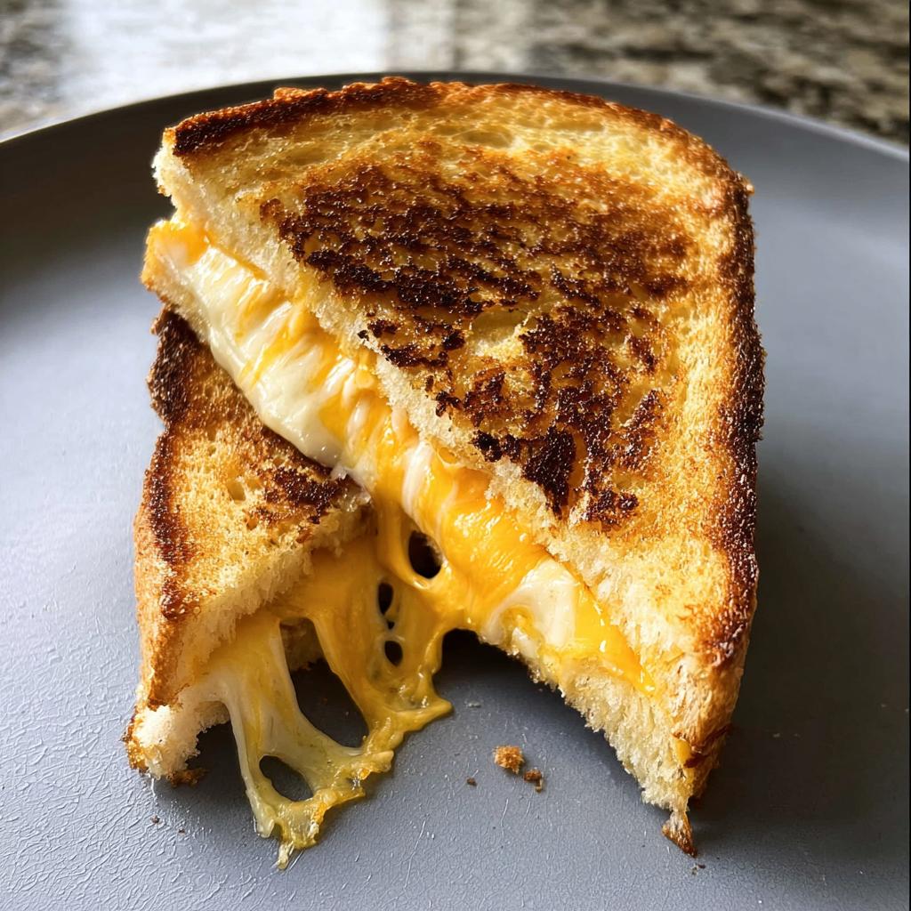 A perfectly grilled cheese sandwich with melted, gooey cheese oozing out.