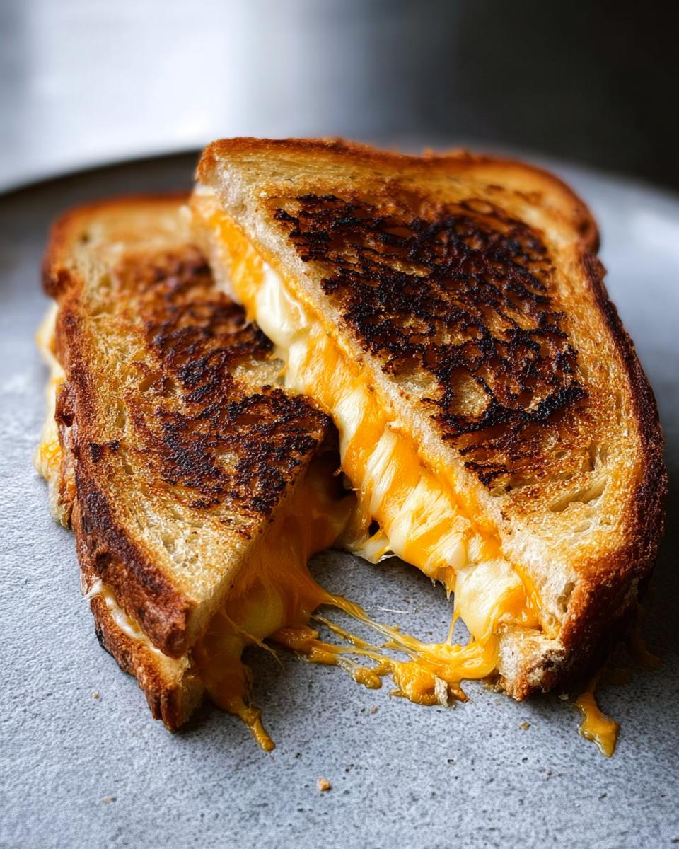 A close-up of a perfectly grilled cheese sandwich, with melted cheese oozing out.