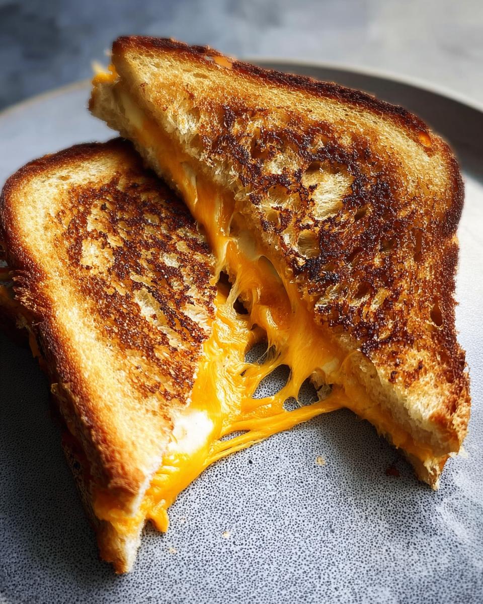 Close-up of a perfectly grilled cheese sandwich with golden-brown bread and gooey, melted cheese stretching out.