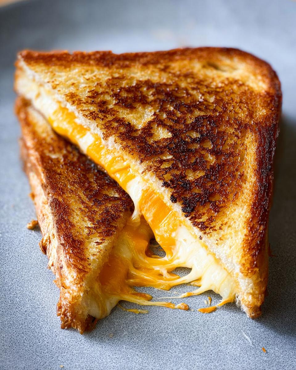 Close-up of a perfectly grilled cheese sandwich, cut in half, with melted cheese oozing out.