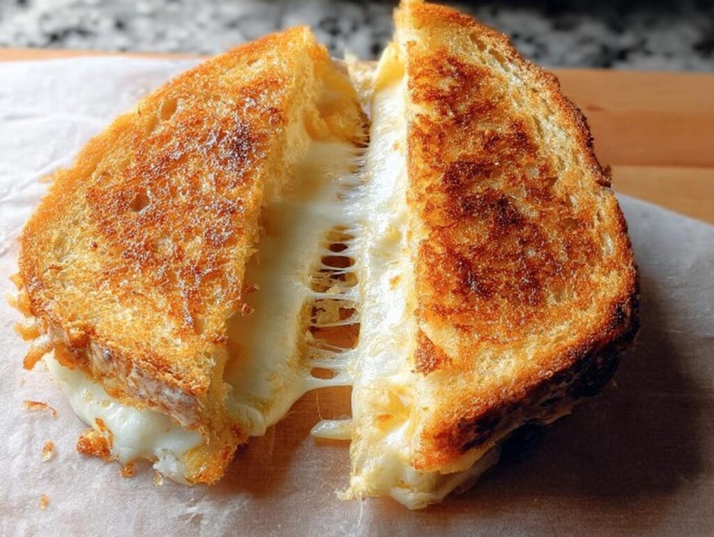 A golden-brown grilled cheese sandwich, cut in half, with melted cheese stretching between the slices.