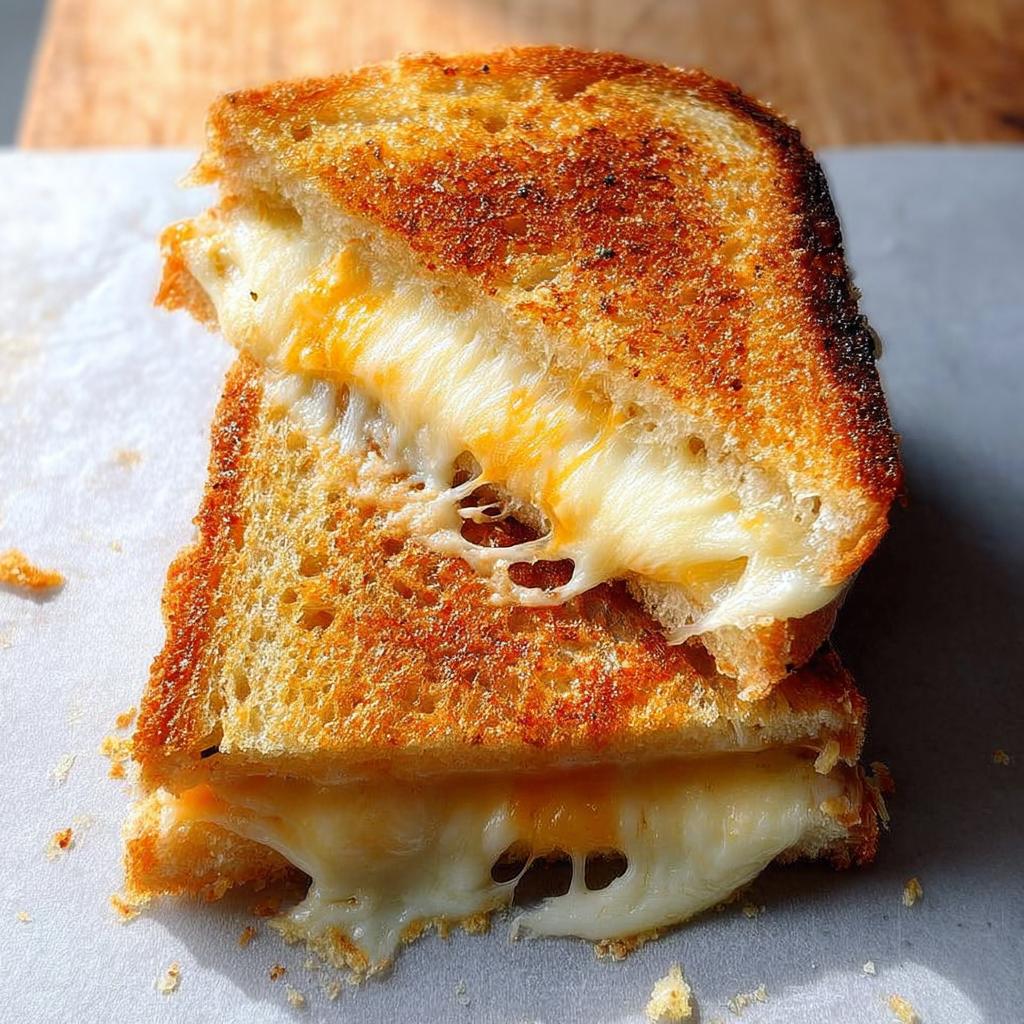 A close-up of a perfectly grilled cheese sandwich with melted cheese oozing out.