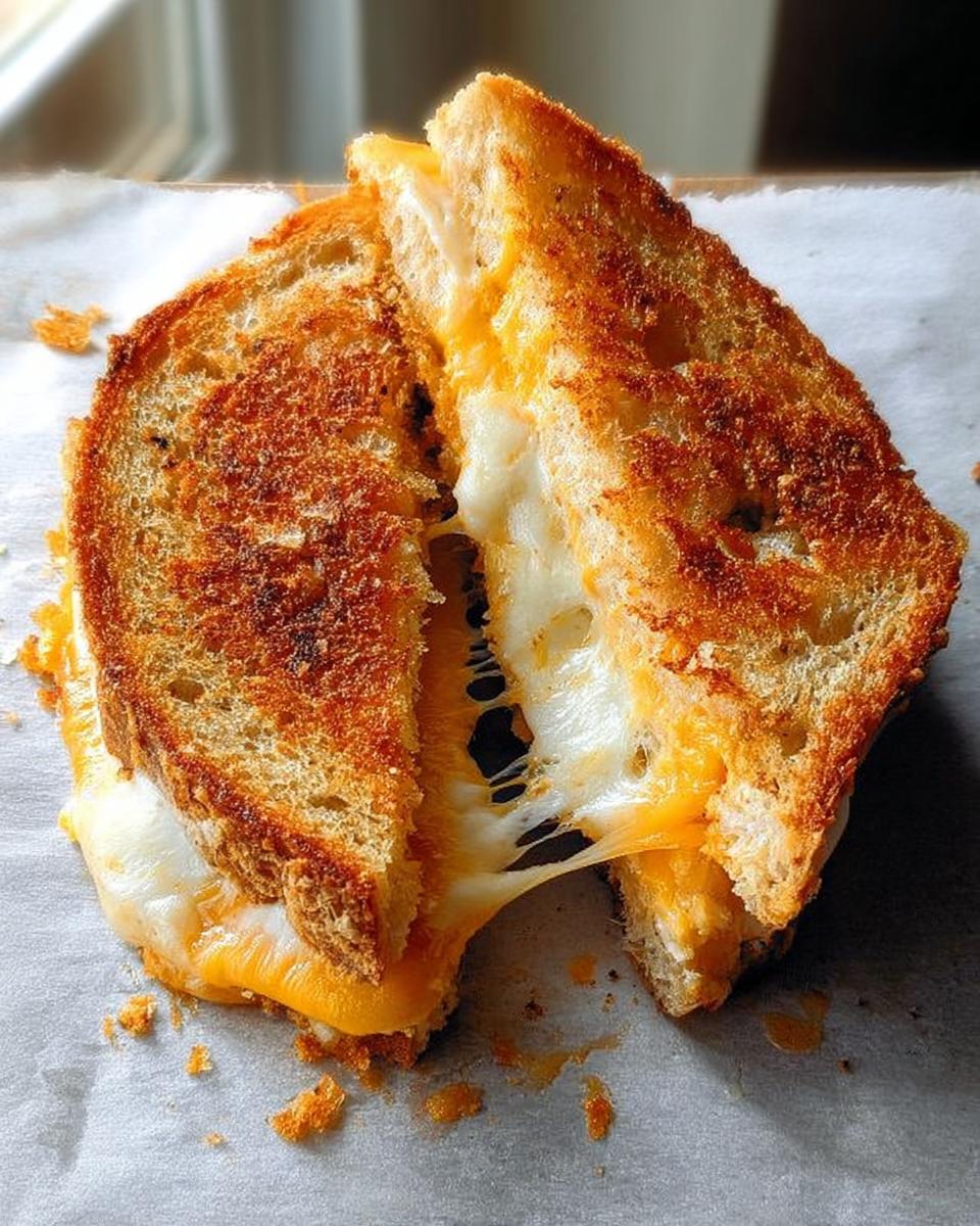 A perfectly grilled cheese sandwich, cut in half, with melted cheese oozing out. A classic comfort food.