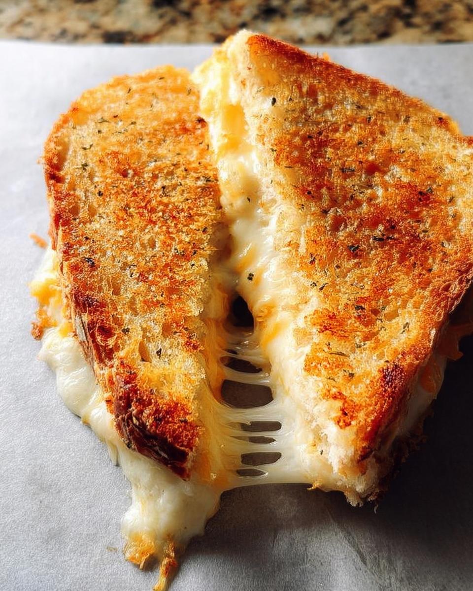A perfectly grilled cheese sandwich, cut in half, with melted cheese stretching between the slices. This is a classic grilled cheese recipe.