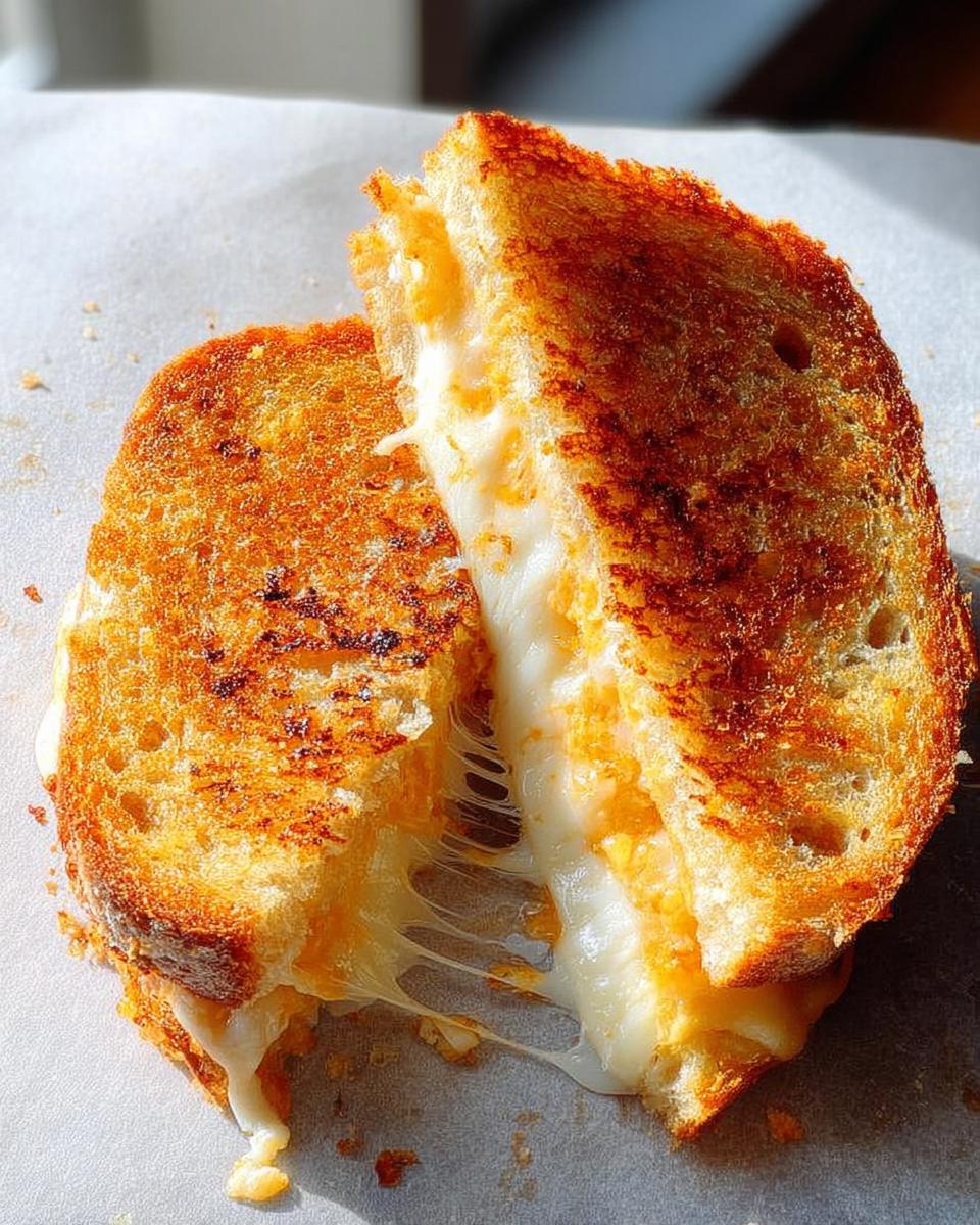 Close-up of a perfectly grilled cheese recipe with melted cheese oozing out.