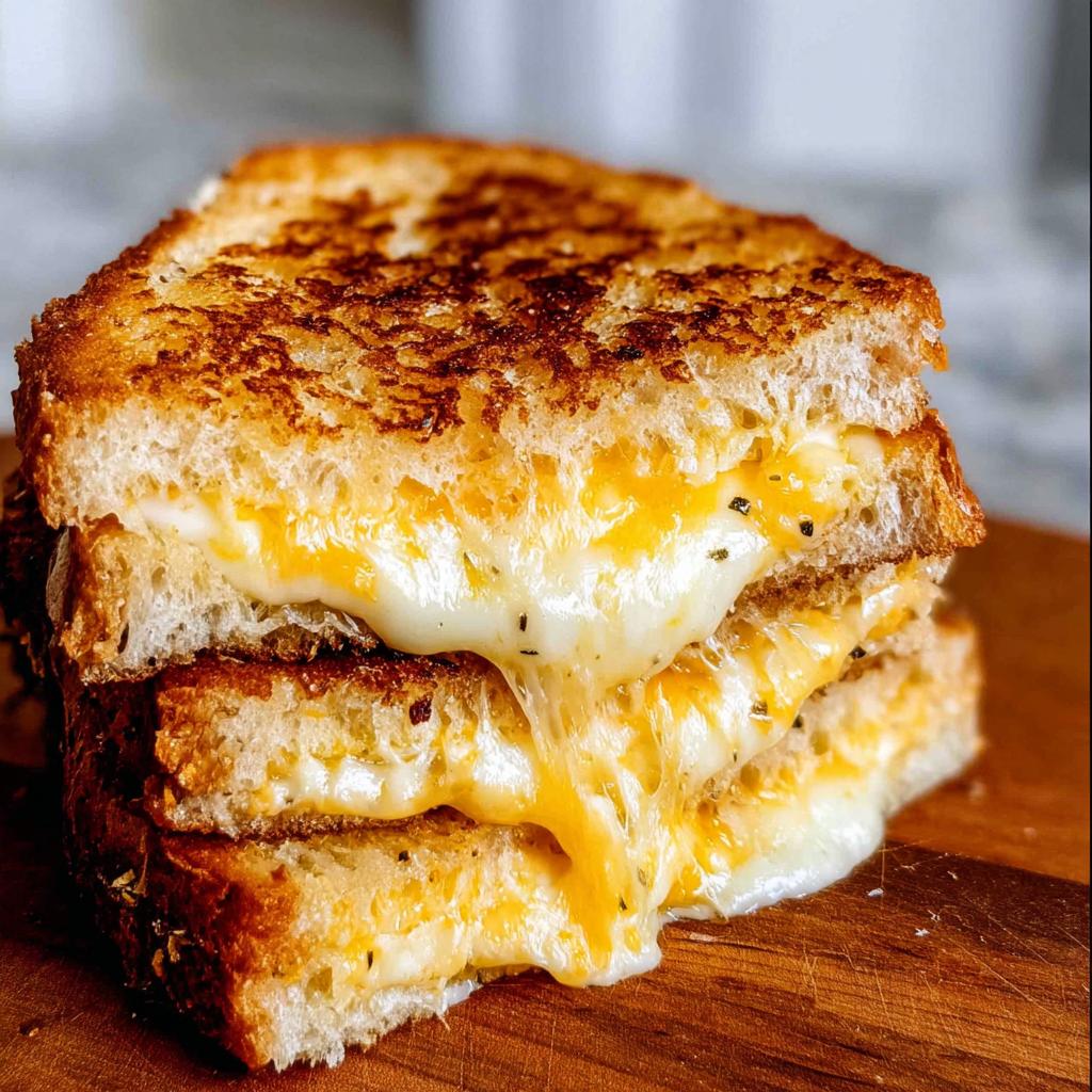 A stack of perfectly grilled cheese sandwiches with melted cheese oozing out, showcasing a delicious grilled cheese recipe.
