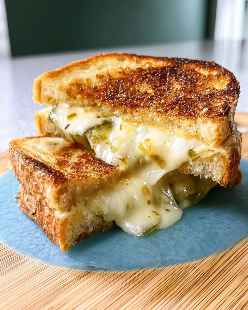 A close-up of a perfectly grilled cheese sandwich with melted cheese oozing out, featuring green pepper relish.