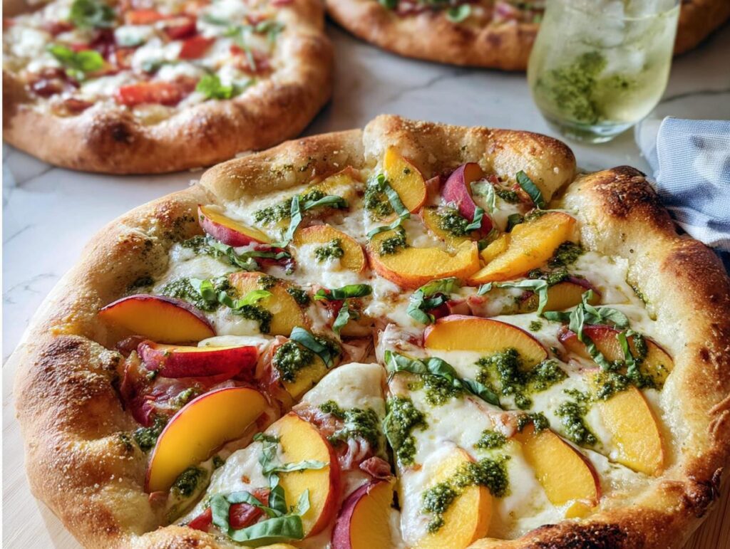 Close-up of a gourmet peach pesto pizza with fresh basil and melted cheese, part of a pizza night recipe.