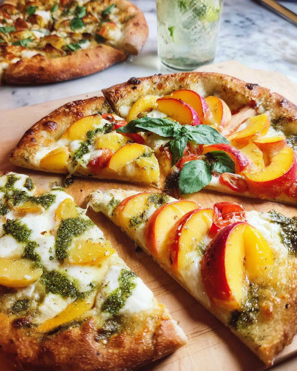 Close-up of a gourmet pizza slice topped with fresh peaches, pesto, and mozzarella, perfect for pizza night recipes.