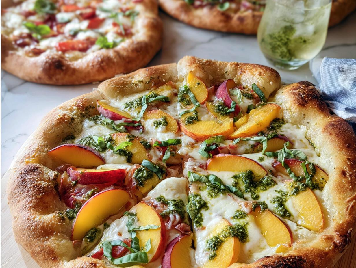 Close-up of a gourmet peach pesto pizza with fresh basil and melted cheese, part of a pizza night recipe.