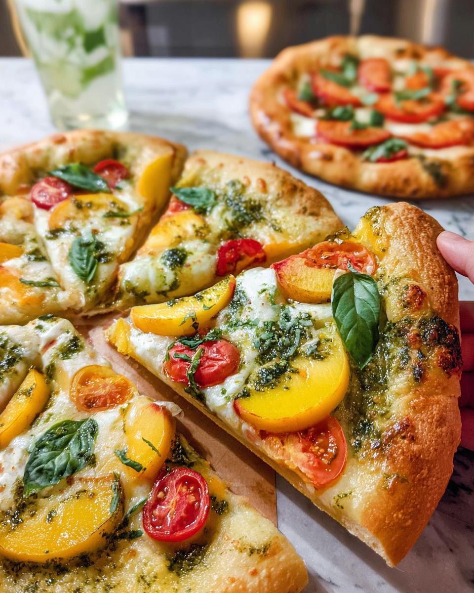 Close-up of a gourmet peach and tomato pizza slice with basil and pesto, perfect for pizza night recipes.