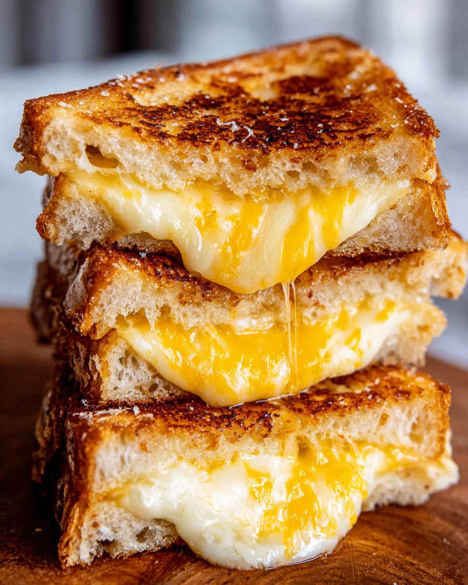 A stack of three golden-brown grilled cheese sandwiches with gooey, melted cheese oozing out.