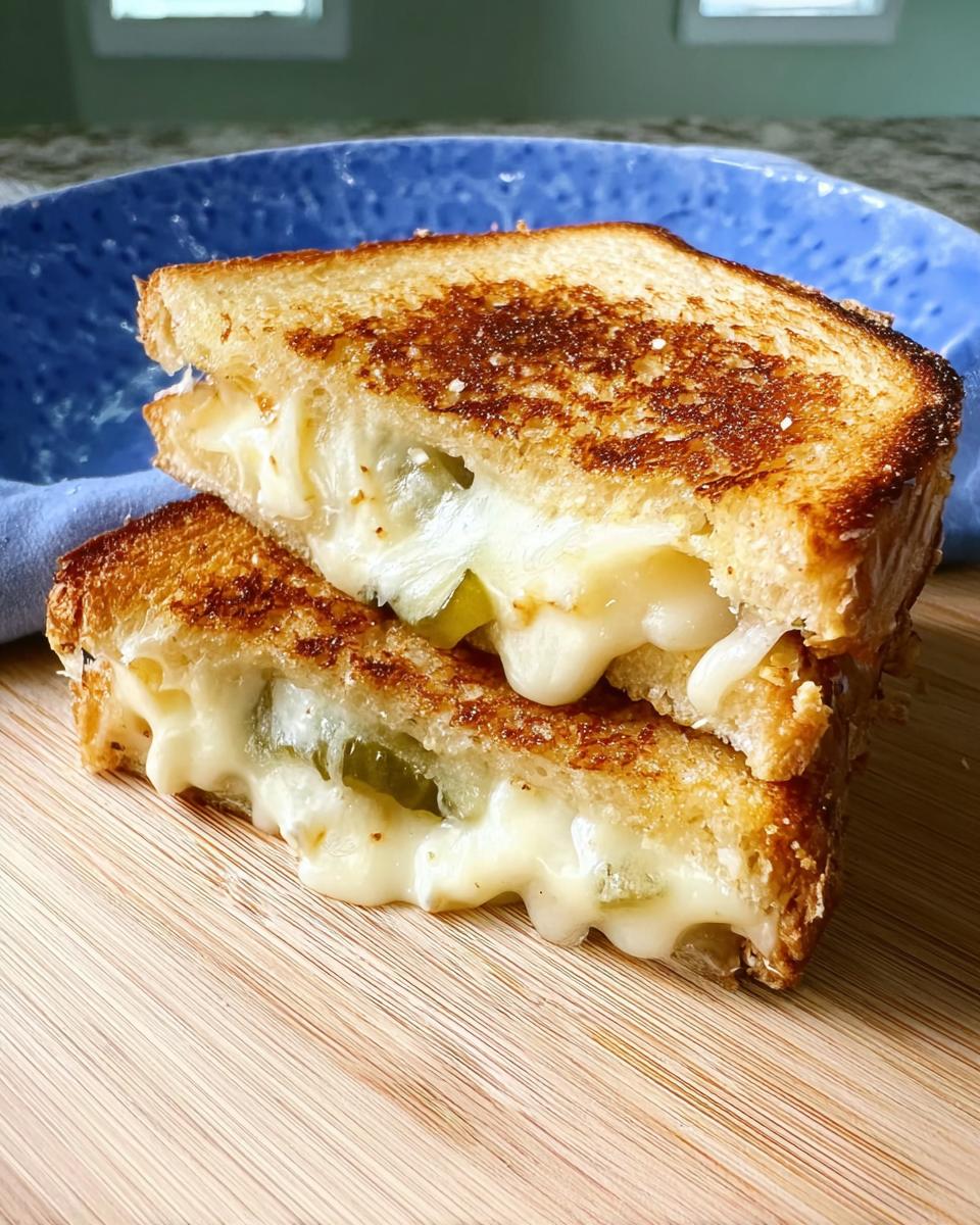 A close-up of a grilled cheese sandwich cut in half, revealing melted cheese and pickle slices. This is one of 20 Genius Grilled Cheese Recipes.
