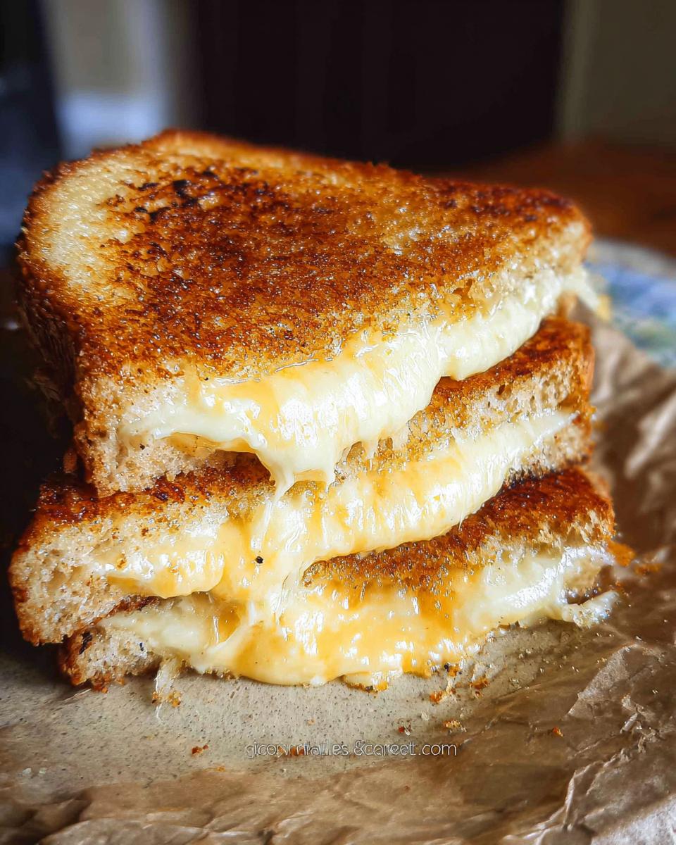 A close-up of a perfectly grilled cheese sandwich, cut in half, with melted cheese oozing out.