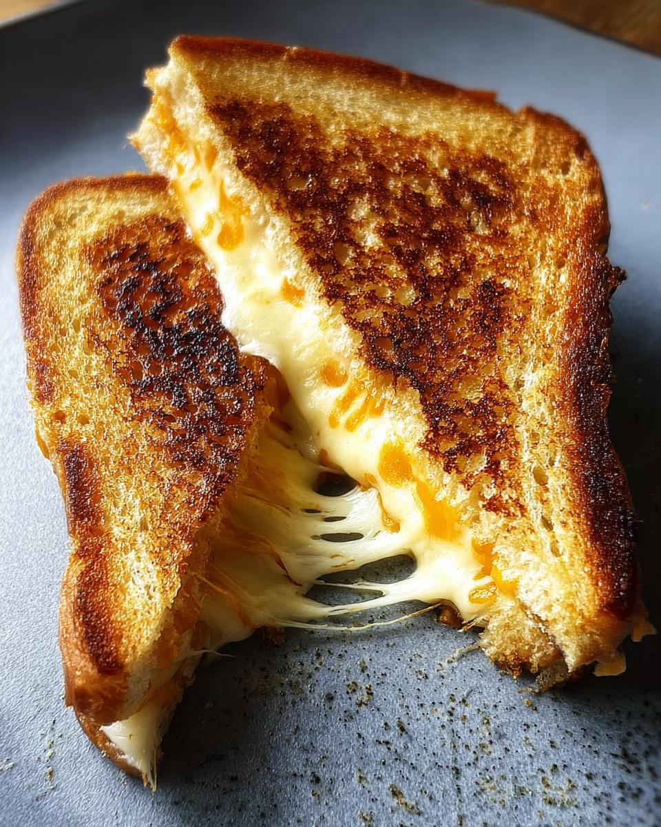 A close-up of a perfectly grilled cheese sandwich with melted cheese oozing out.