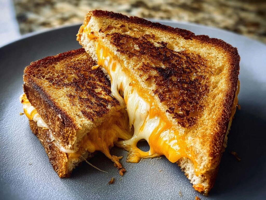 A close-up of a perfectly grilled cheese recipe sandwich with melted cheese oozing out.