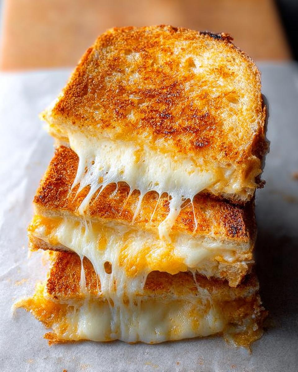 A stack of golden-brown grilled cheese sandwiches with gooey, melted cheese oozing out. Perfect for grilled cheese recipes.